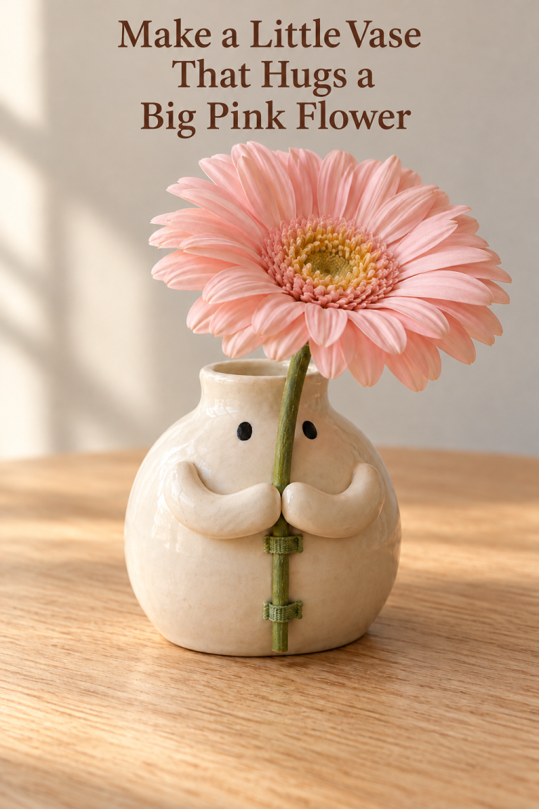 Little ivory vase with black eyes and rounded arms hugging the stem of a big pink daisy.