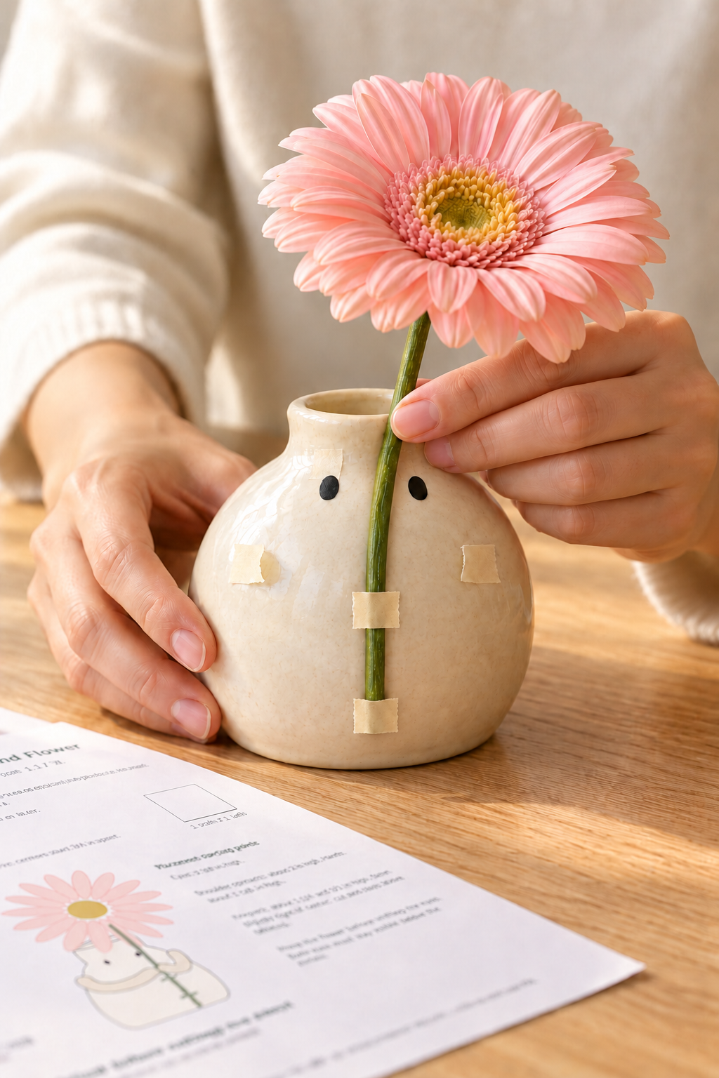 Paper eyes and tape marks plan the vase face and arms beside a printed placement guide.