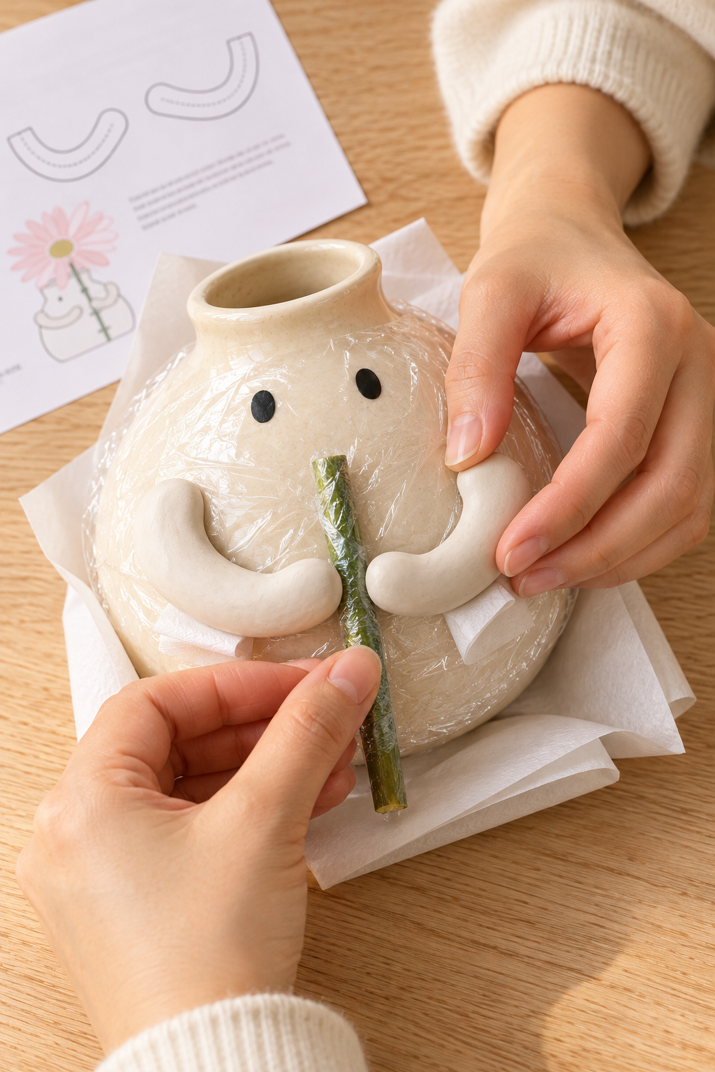 Clay arms take shape on a plastic-wrapped vase around a wrapped green stem gauge.