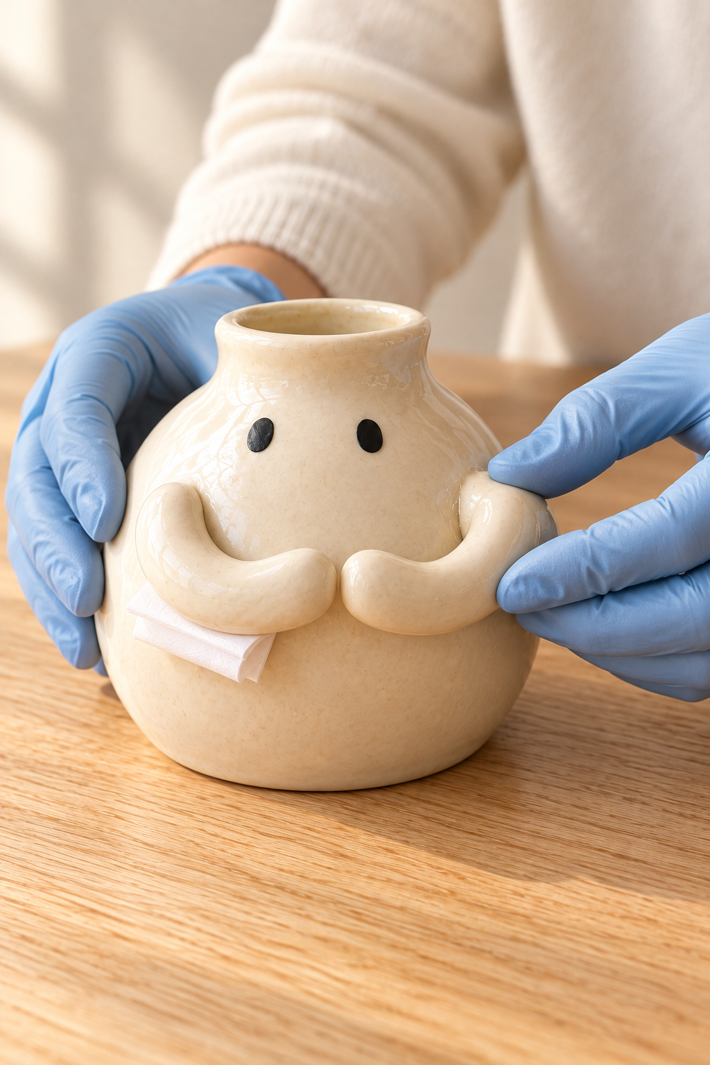 Gloved hands press a finished ivory clay arm onto the ceramic vase beside its black eyes.