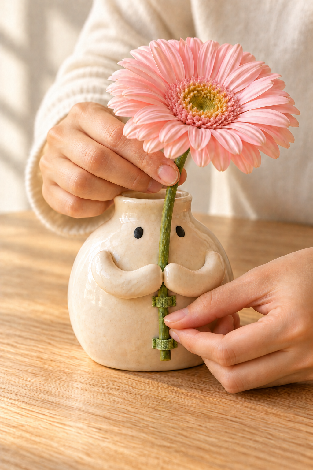 Hands guide the pink flower's stem through two green keeper loops below the vase's arms.