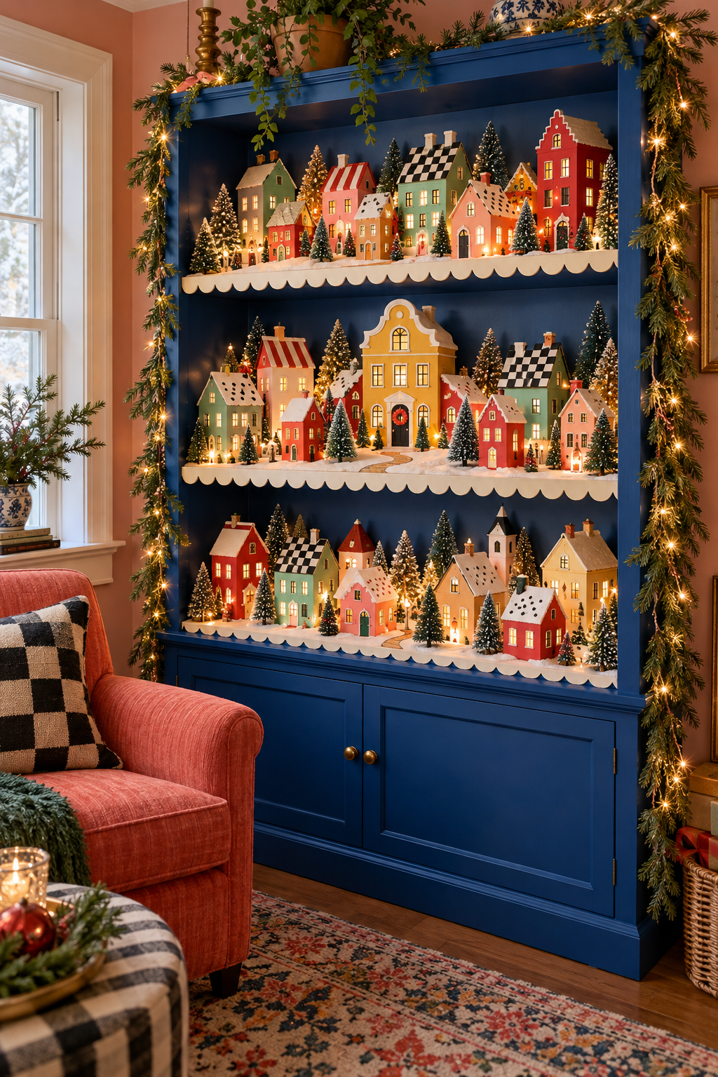 : Blue bookcase filled with colorful Christmas houses, patterned roofs and miniature trees.