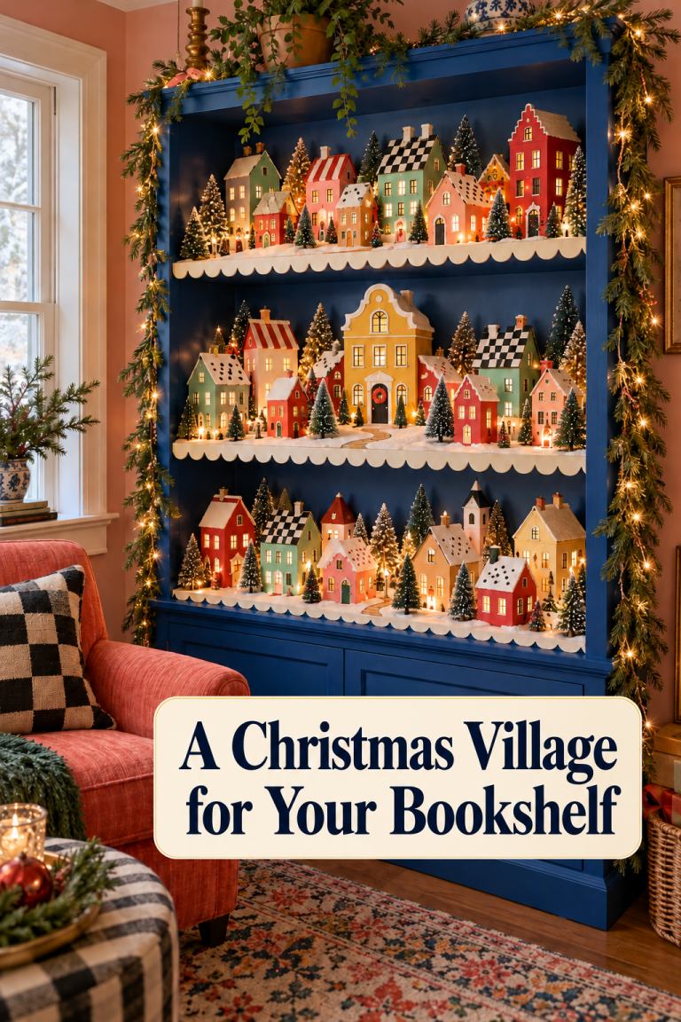 : Blue bookcase filled with colorful Christmas houses, patterned roofs and miniature trees.