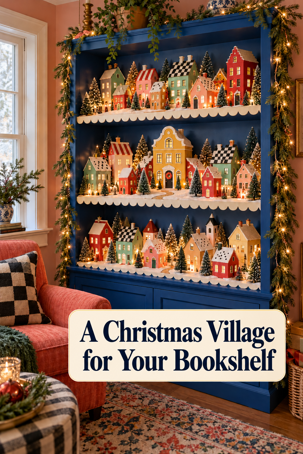 : Blue bookcase filled with colorful Christmas houses, patterned roofs and miniature trees.