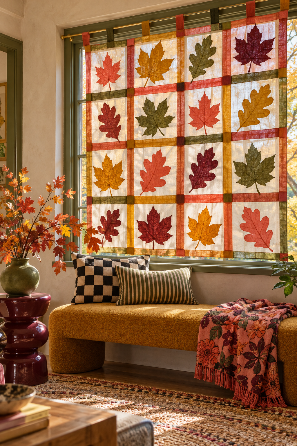 Patchwork leaf curtain above an ochre bench with checked and striped cushions and a floral throw.