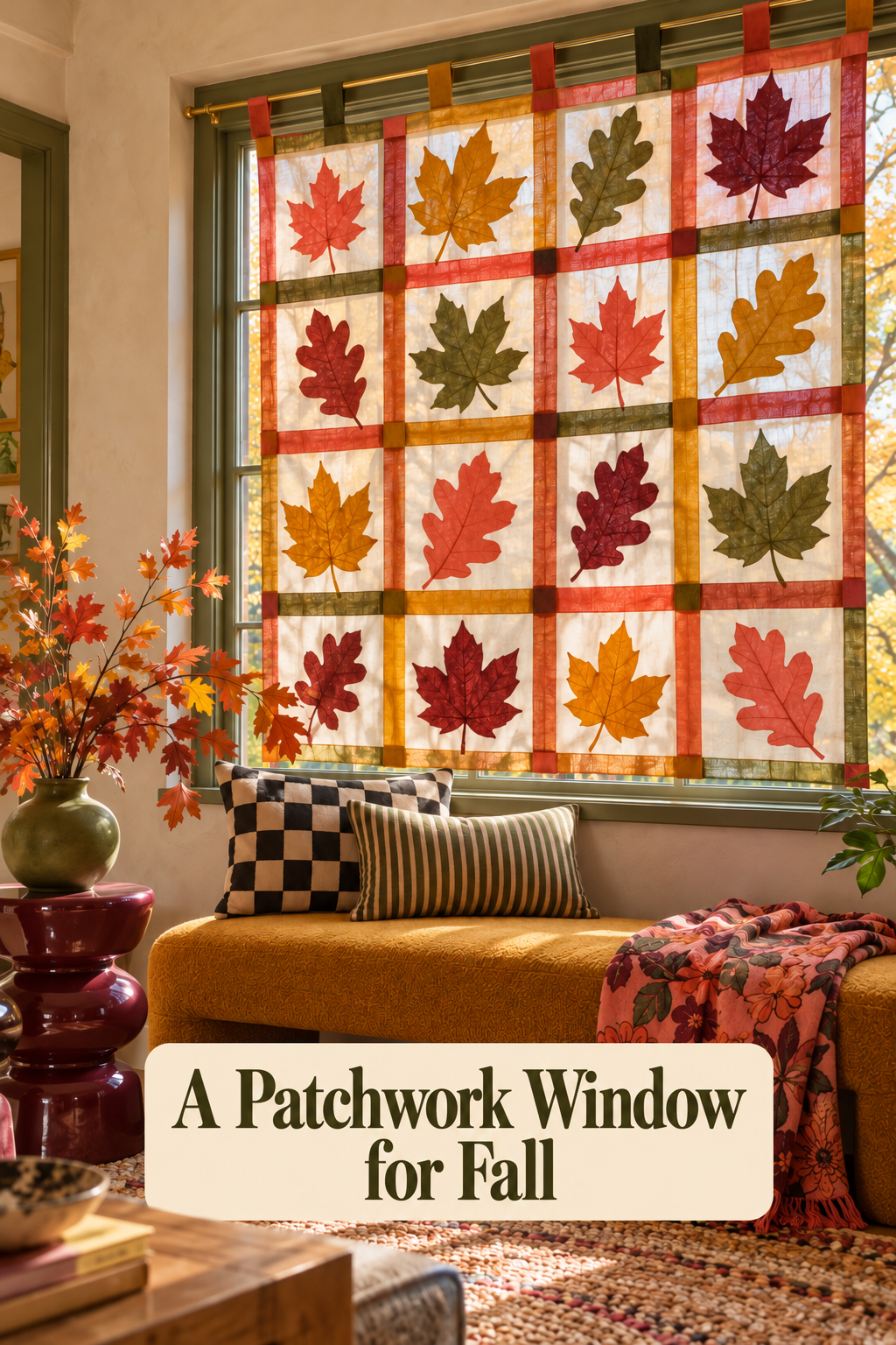 Patchwork leaf curtain above an ochre bench with checked and striped cushions and a floral throw.