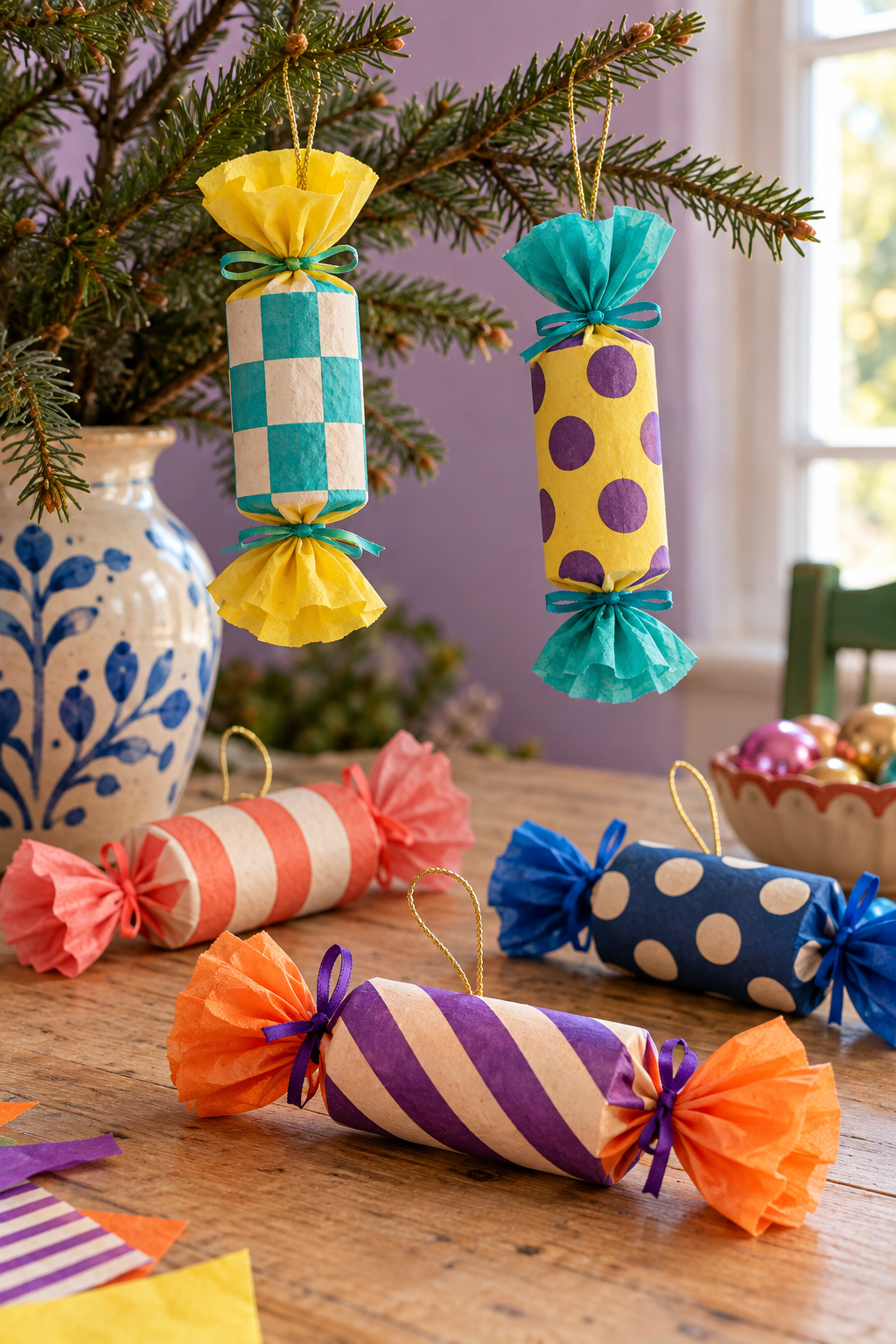 Colorful paper candy ornaments with striped, checked and dotted bodies and tied tissue ends.