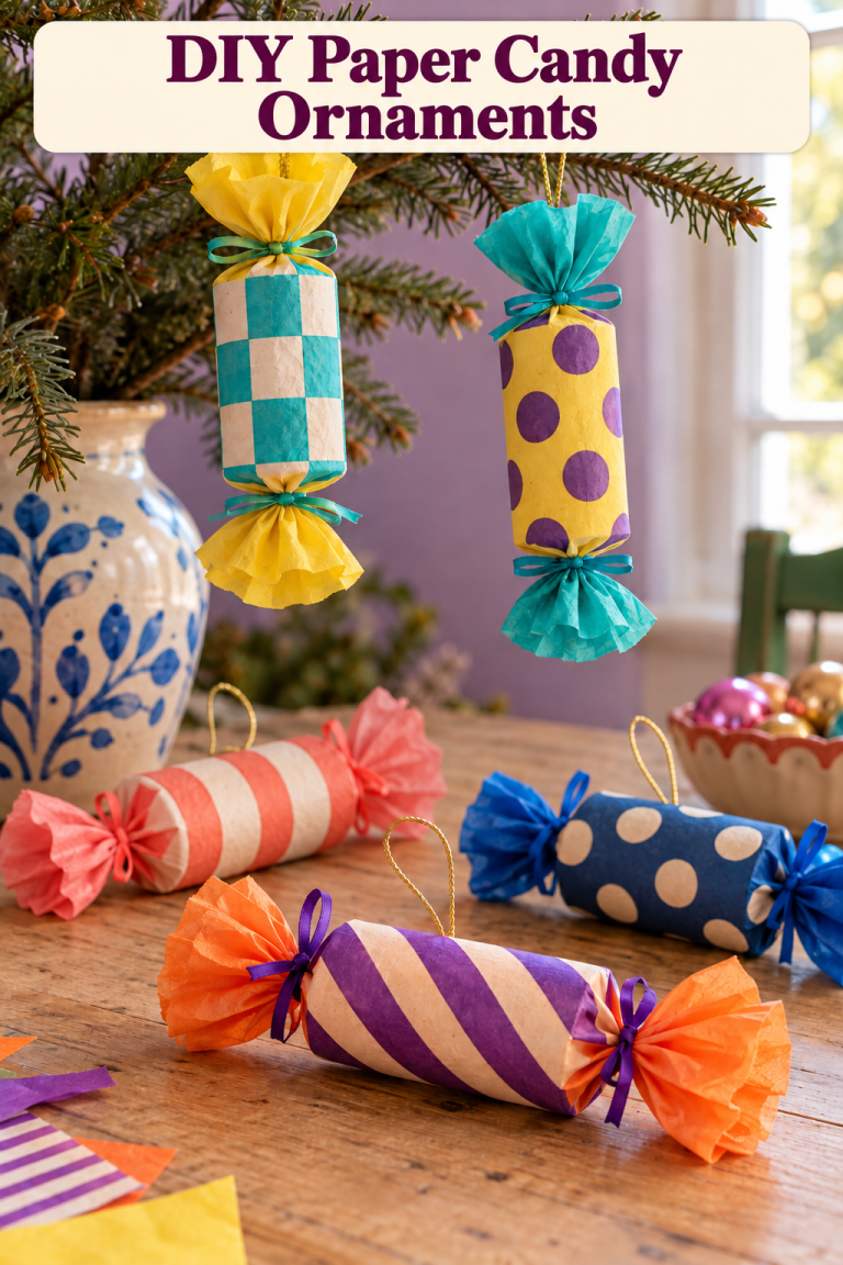 Colorful paper candy ornaments with striped, checked and dotted bodies and tied tissue ends.