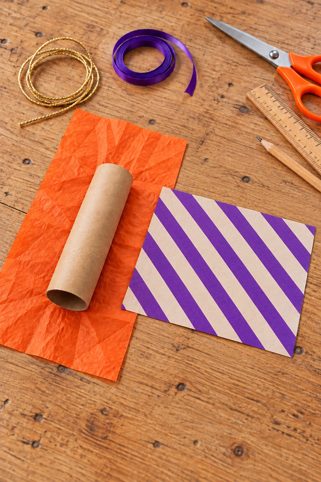Cardboard tube on orange tissue beside a broad violet-striped paper sleeve and ribbon.