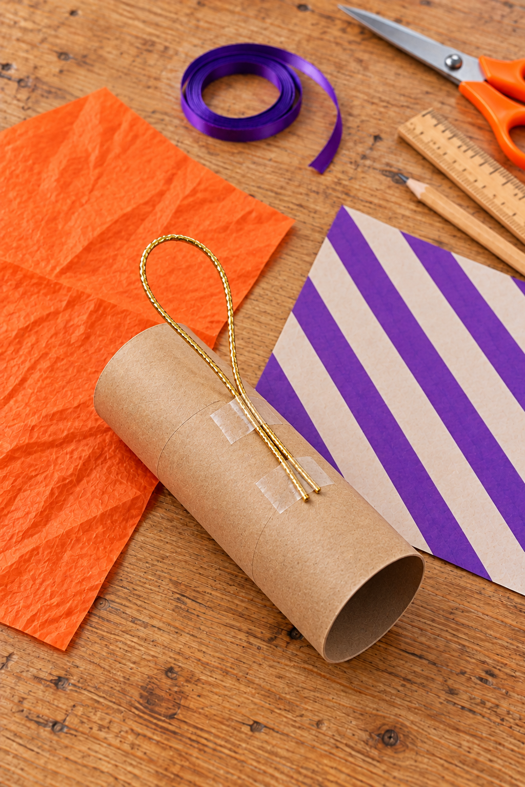 Gold hanging-loop ends taped to a cardboard tube beside orange tissue and striped paper.
