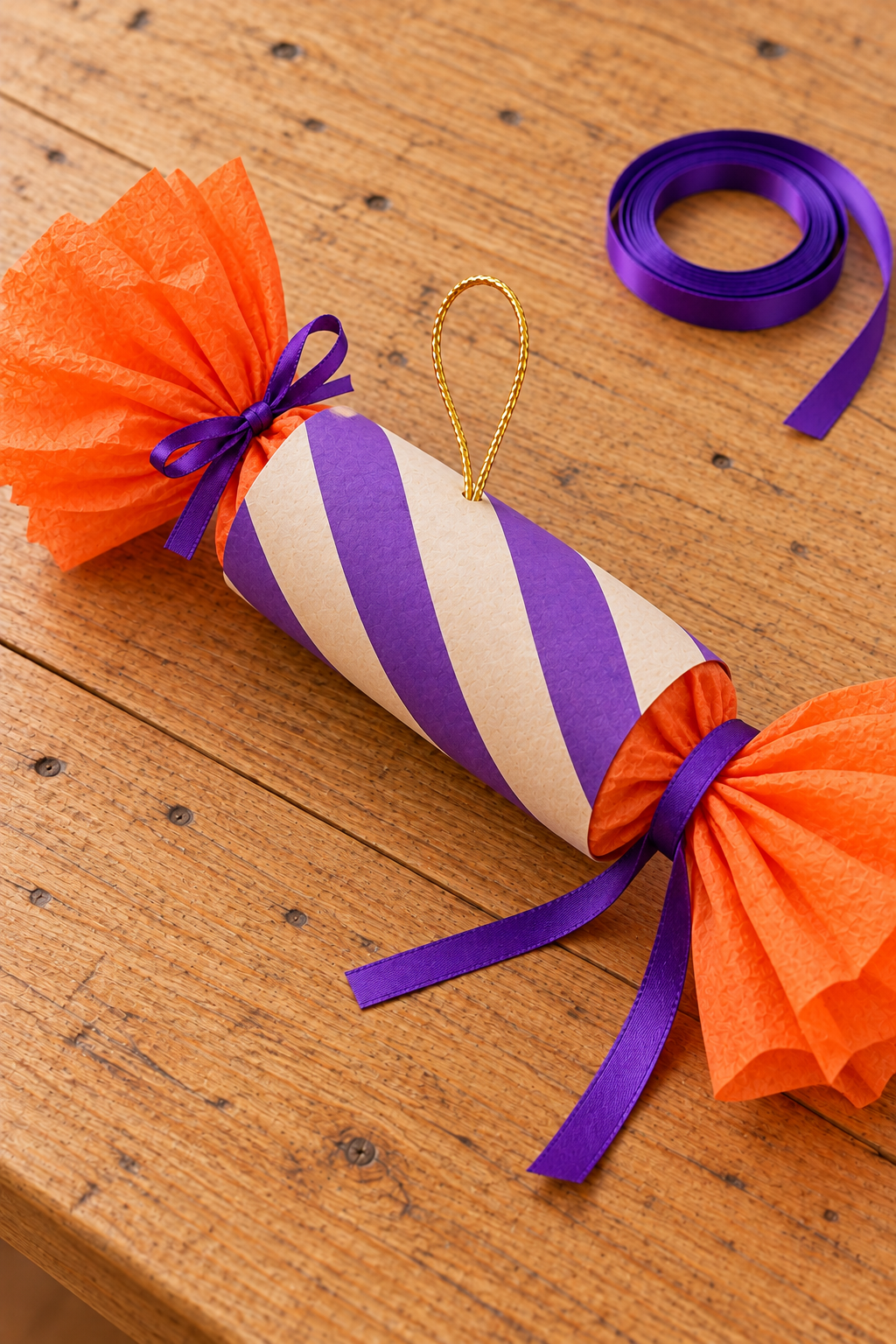 Paper candy with one violet bow tied and loose ribbon around the opposite orange tissue end.