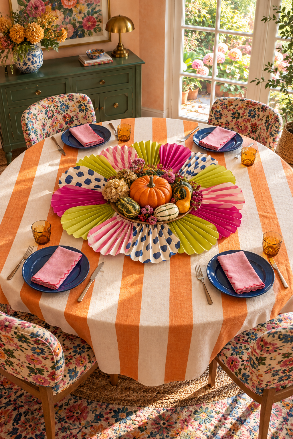 Pumpkins and gourds ringed by colorful paper fans on a striped table with blue plates.