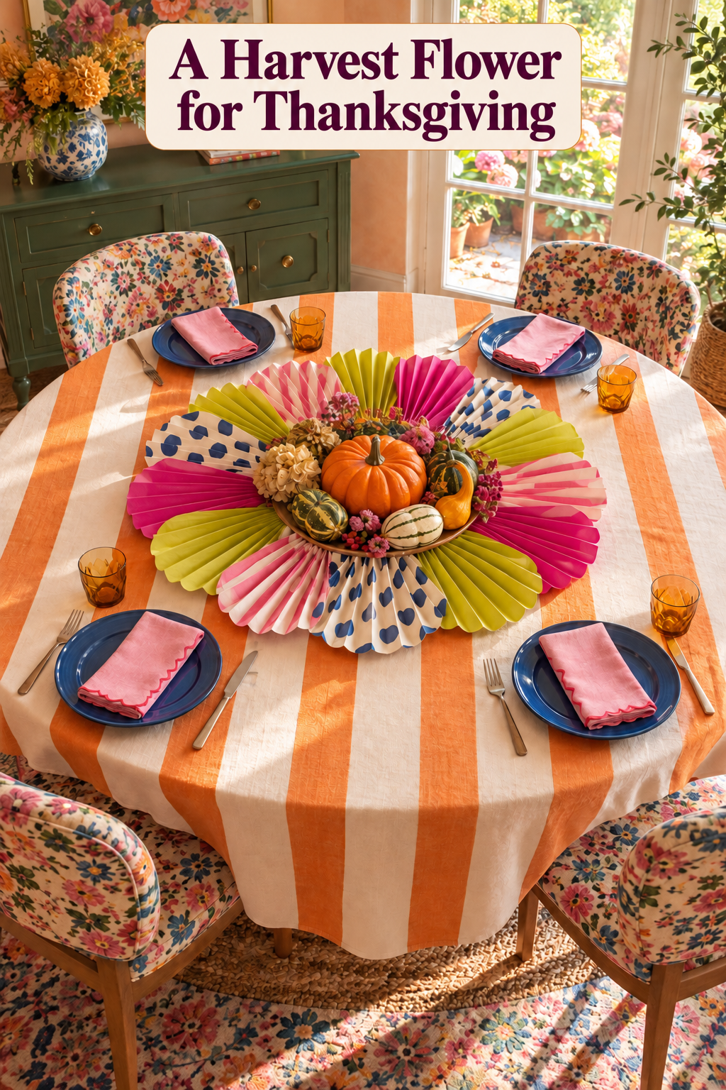 Pumpkins and gourds ringed by colorful paper fans on a striped table with blue plates.