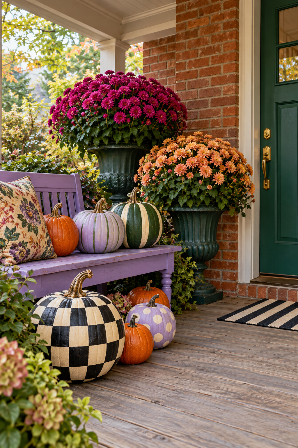 Checked and striped pumpkins by a lavender porch bench, flower-filled urns and green door.