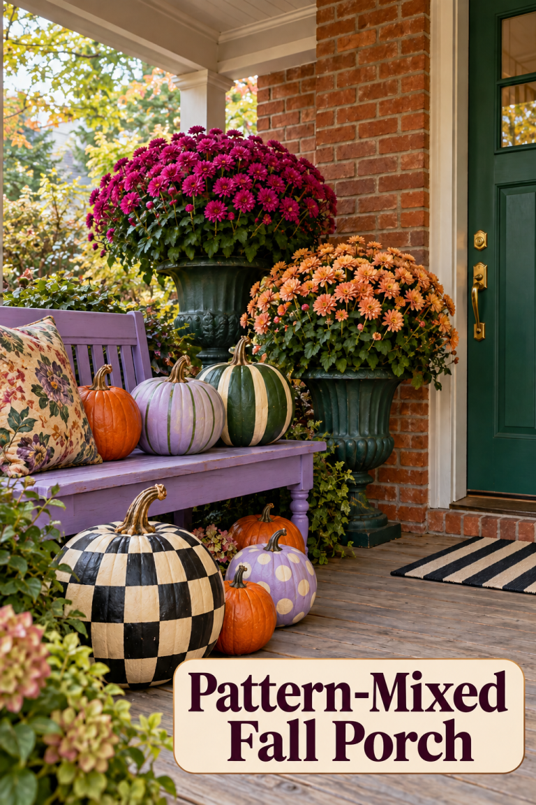 Checked and striped pumpkins by a lavender porch bench, flower-filled urns and green door.