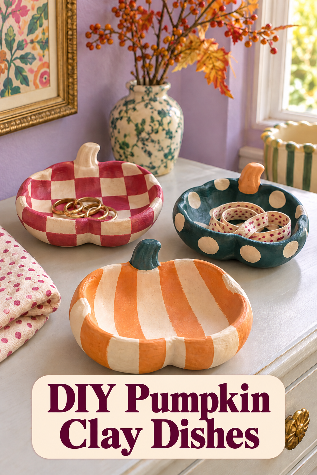 Three pumpkin-shaped dishes with orange stripes, raspberry checks and cream dots on teal.