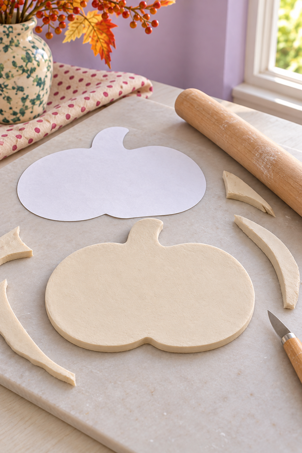 Flat clay pumpkin cutout with an integral stem beside a paper outline and clay scraps.
