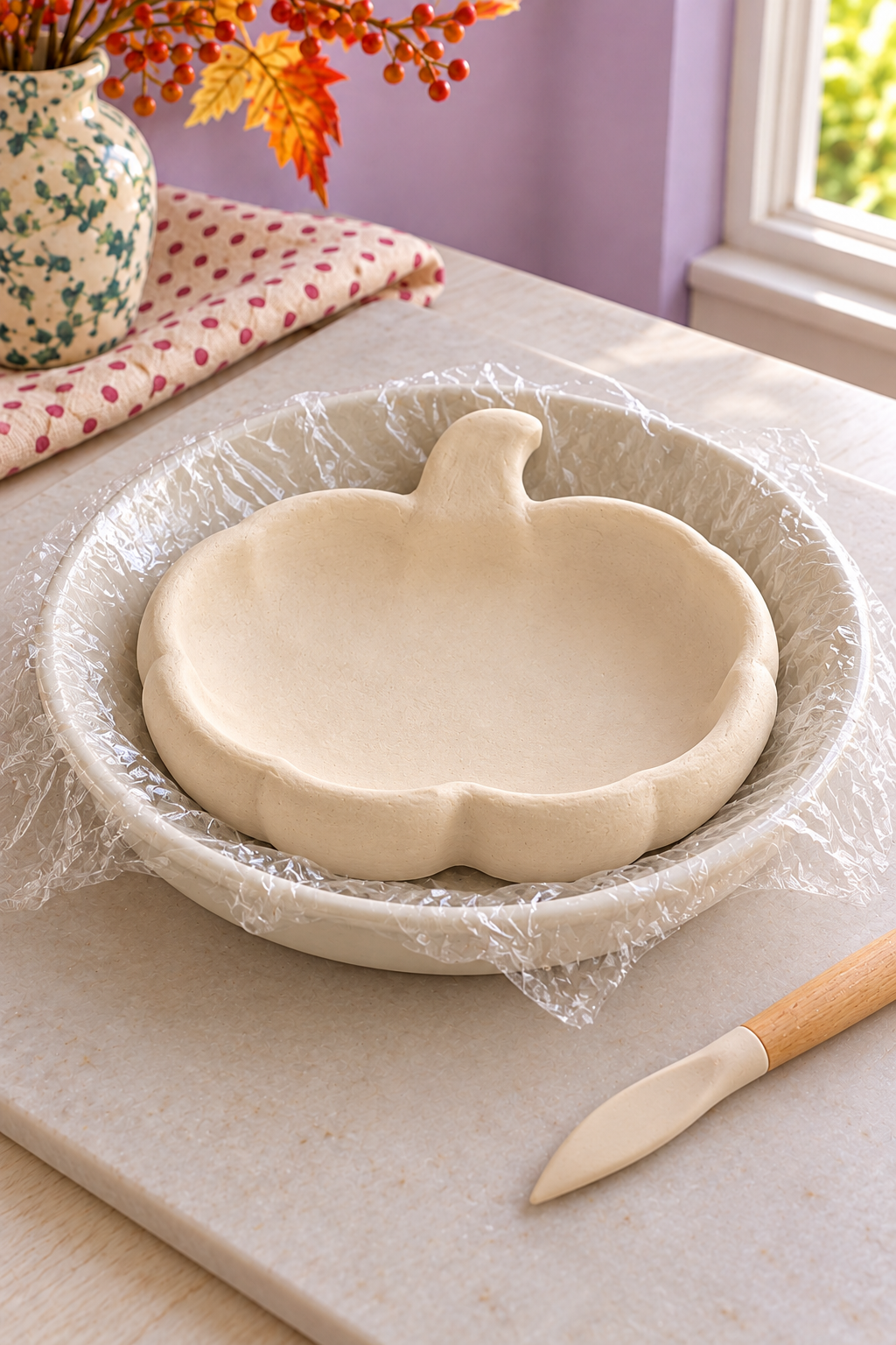 Unpainted pumpkin dish resting in a shallow round mold lined with clear release film.
