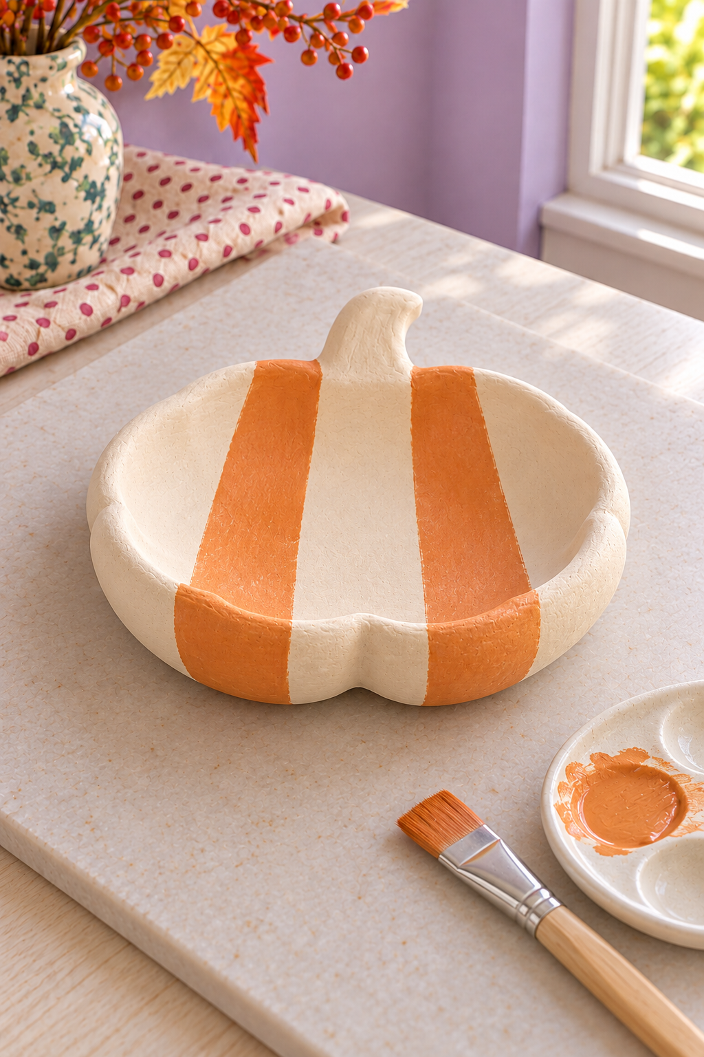 Cream pumpkin dish with two orange bands, an unpainted stem and a brush beside orange paint.