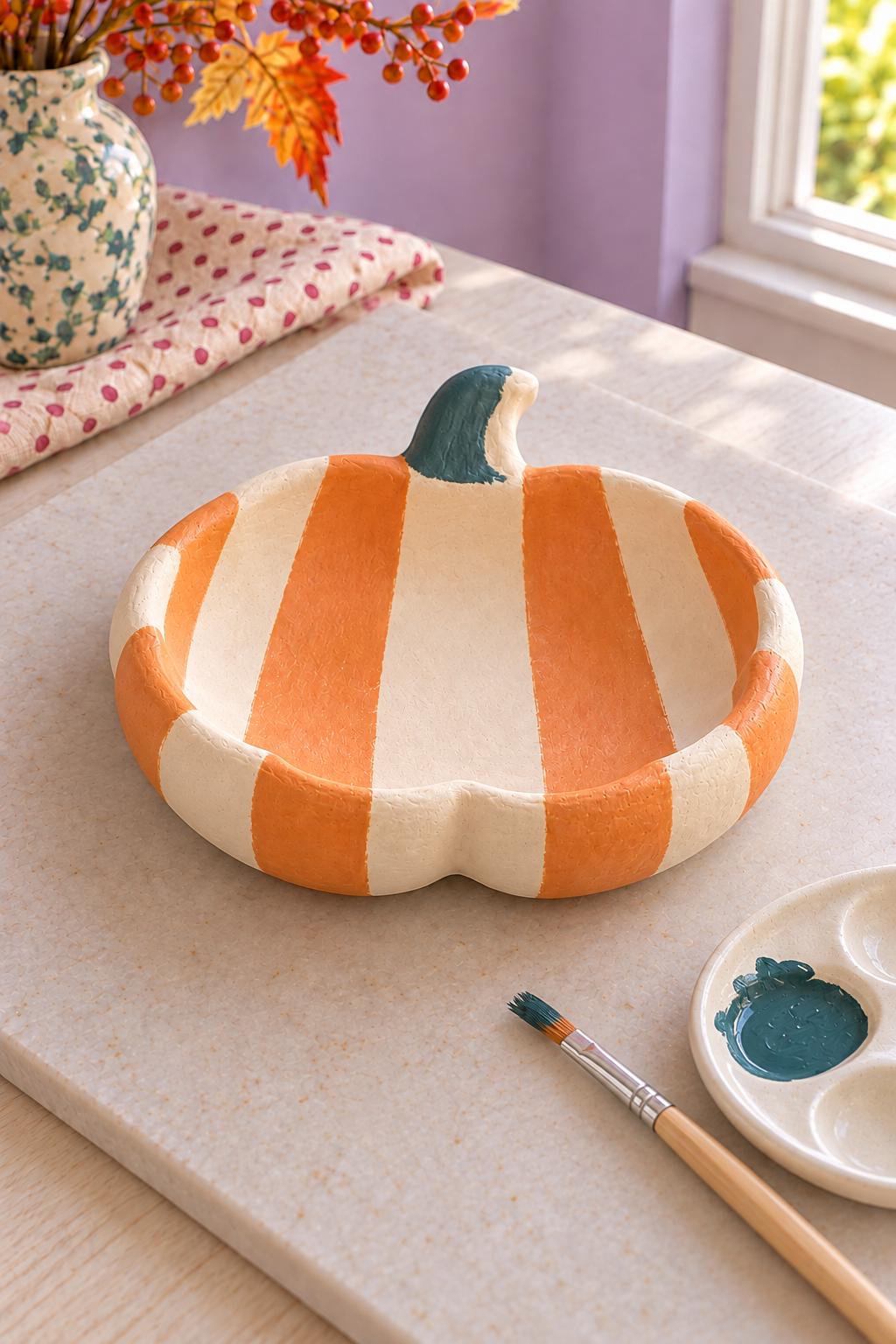 Striped pumpkin dish with a partly teal stem beside a fine brush and teal paint.