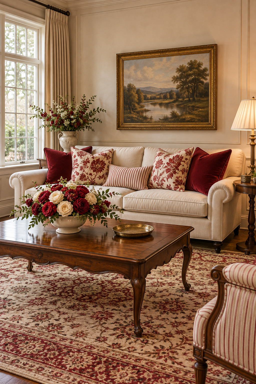 Ivory sofa with red velvet and floral pillows, roses on a wood table and gold accents.