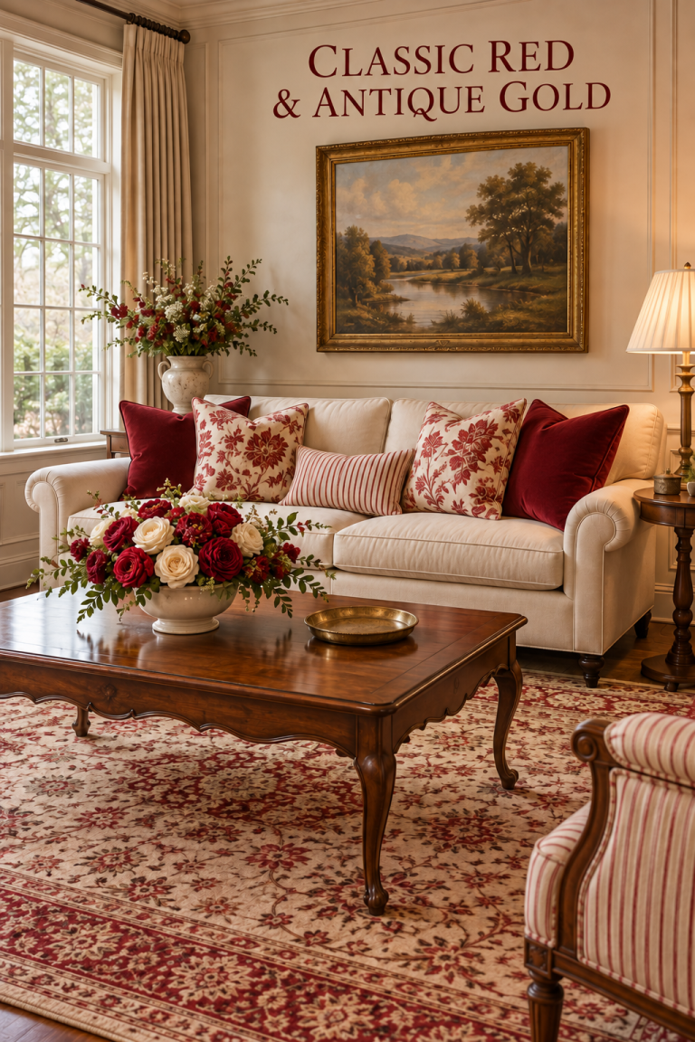 Ivory sofa with red velvet and floral pillows, roses on a wood table and gold accents.