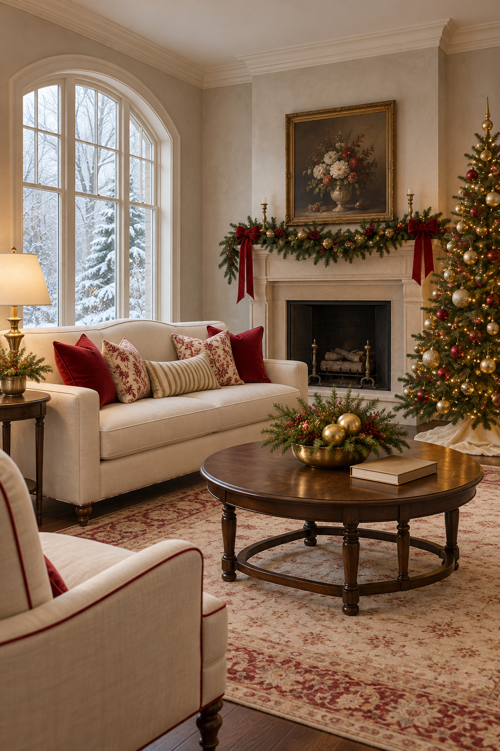 Ivory sofa beside a red-and-gold Christmas tree, ribboned garland and round wood table.