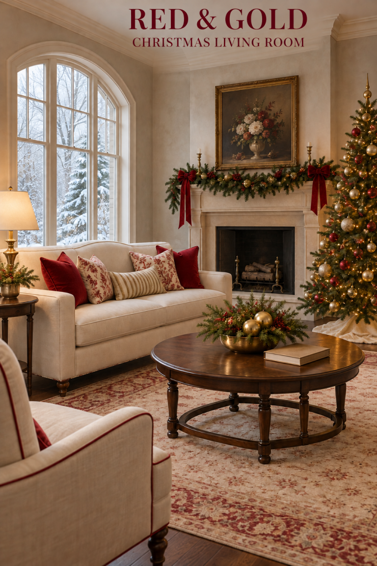 Ivory sofa beside a red-and-gold Christmas tree, ribboned garland and round wood table.