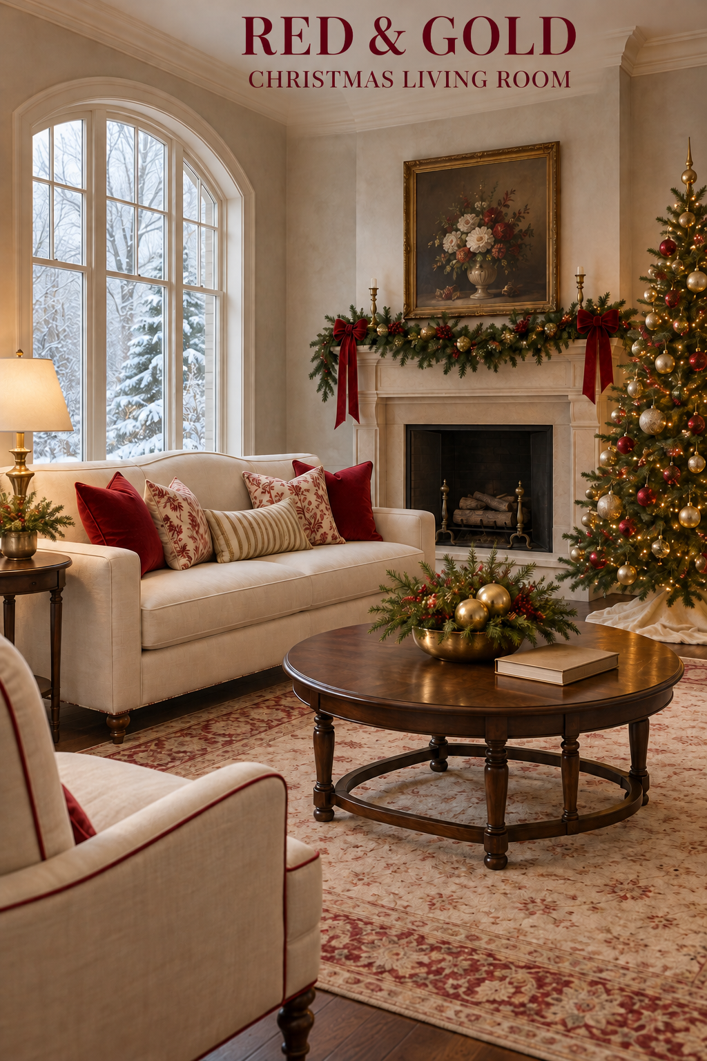 Ivory sofa beside a red-and-gold Christmas tree, ribboned garland and round wood table.