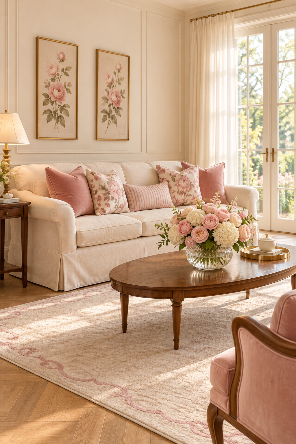 Cream sofa with pink pillows beside roses in a glass vase on an oval wood coffee table.
