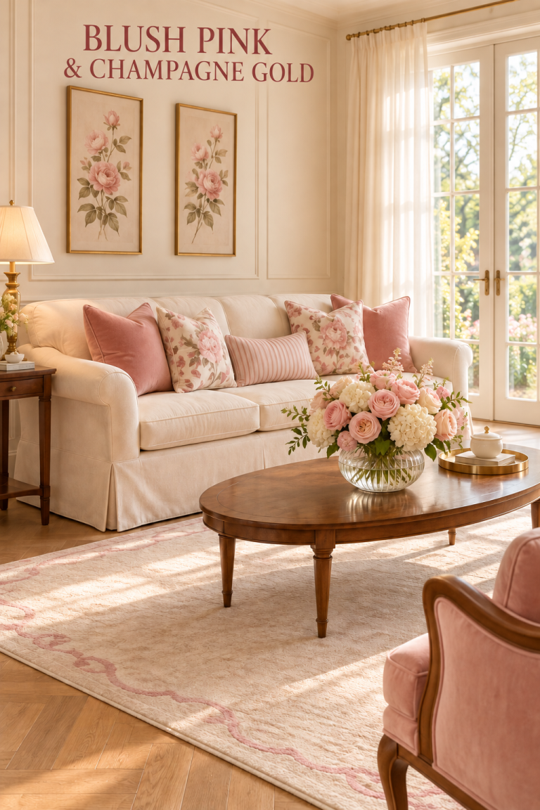 Cream sofa with pink pillows beside roses in a glass vase on an oval wood coffee table.