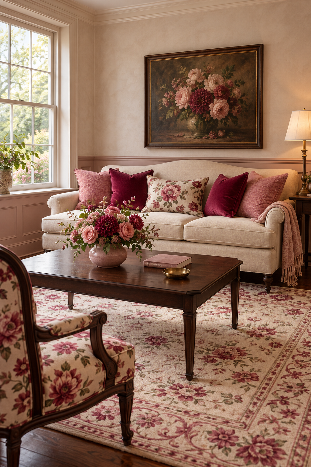 Cream sofa with rose and raspberry pillows, pink flowers and a floral chair beside a wood table.