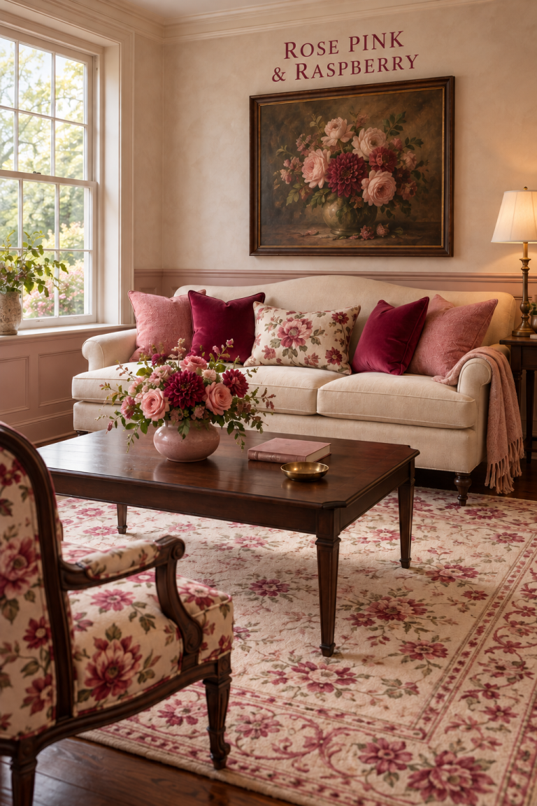Cream sofa with rose and raspberry pillows, pink flowers and a floral chair beside a wood table.