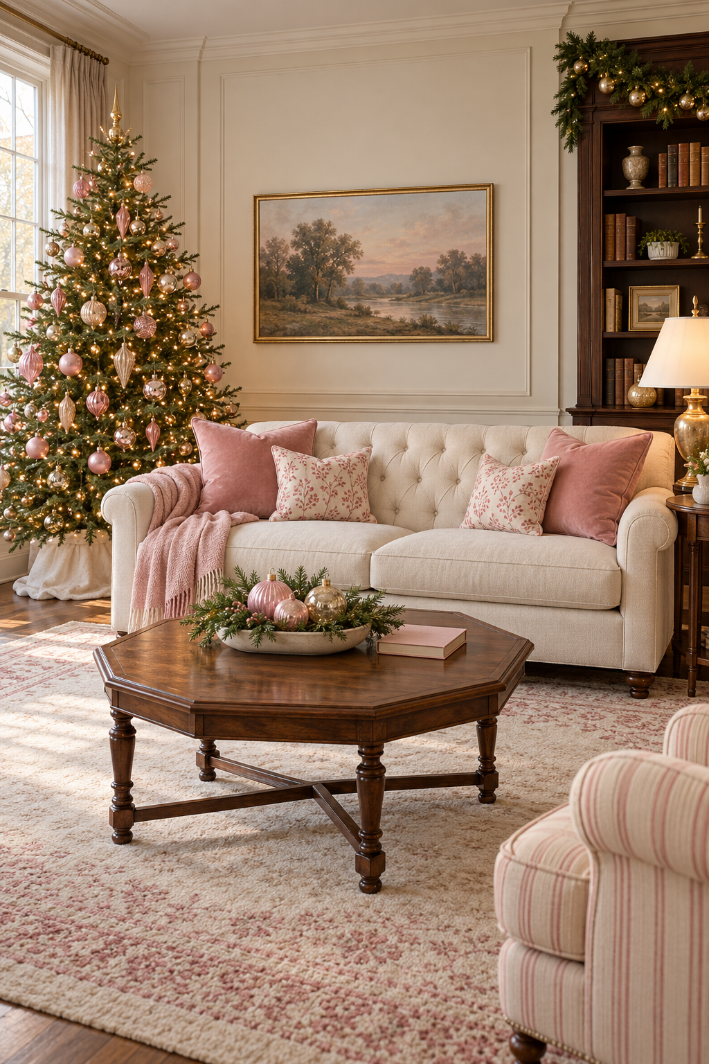 Ivory sofa with pink pillows and throw beside a pink-and-champagne Christmas tree.