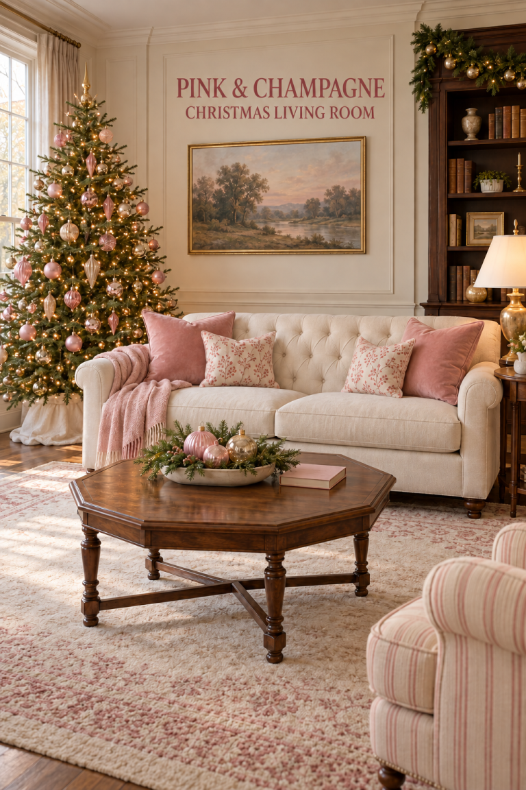 Ivory sofa with pink pillows and throw beside a pink-and-champagne Christmas tree.