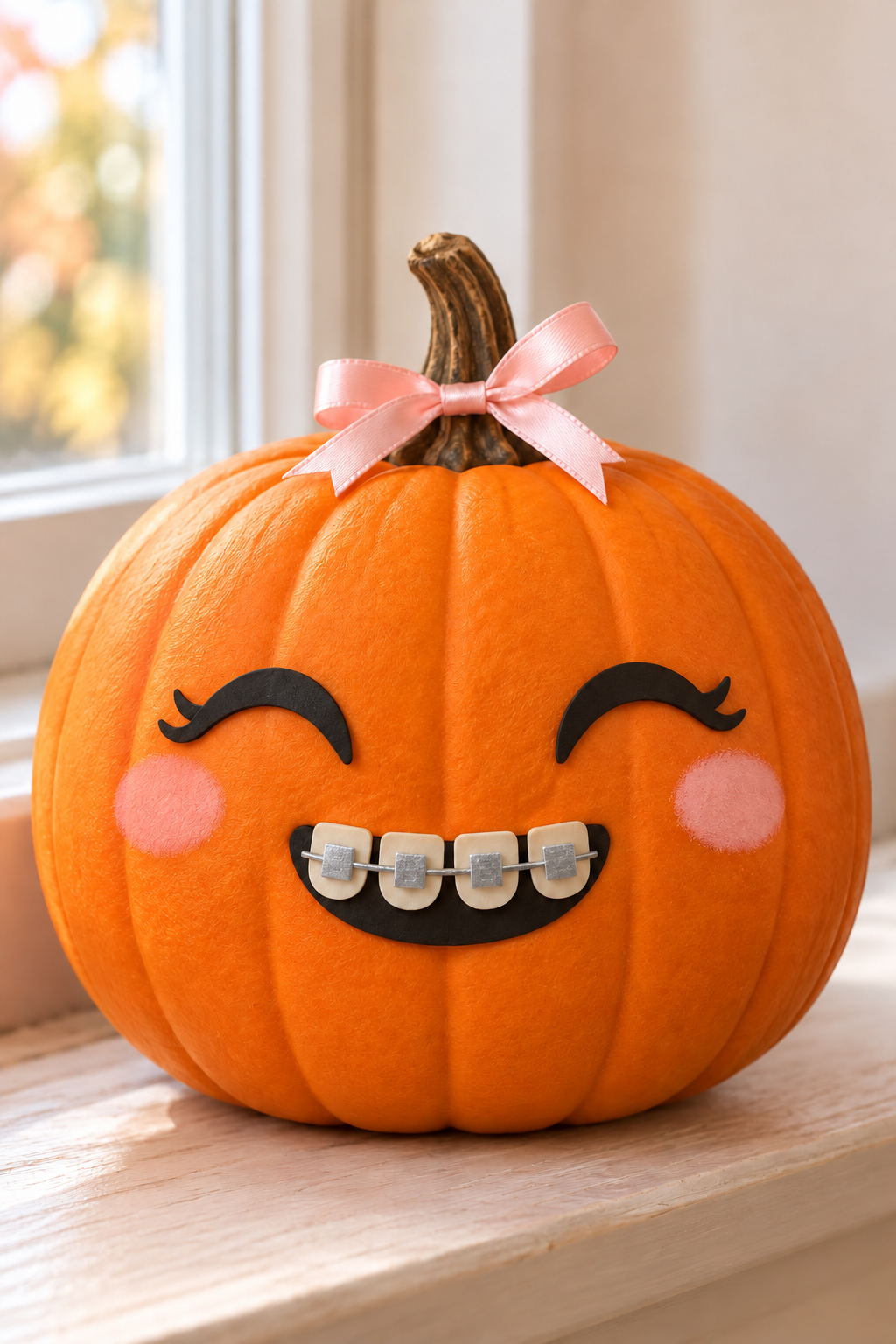 Orange pumpkin with smiling eyes, silver braces, pink cheeks and a pink stem bow.
