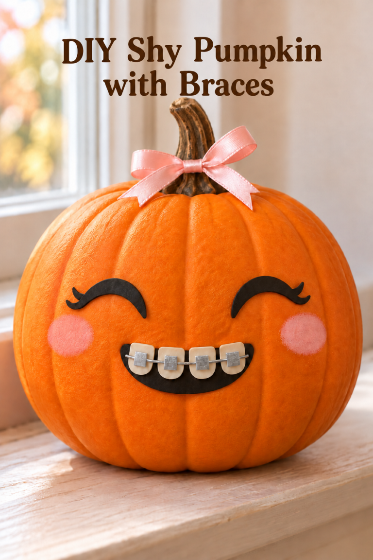 Orange pumpkin with smiling eyes, silver braces, pink cheeks and a pink stem bow.
