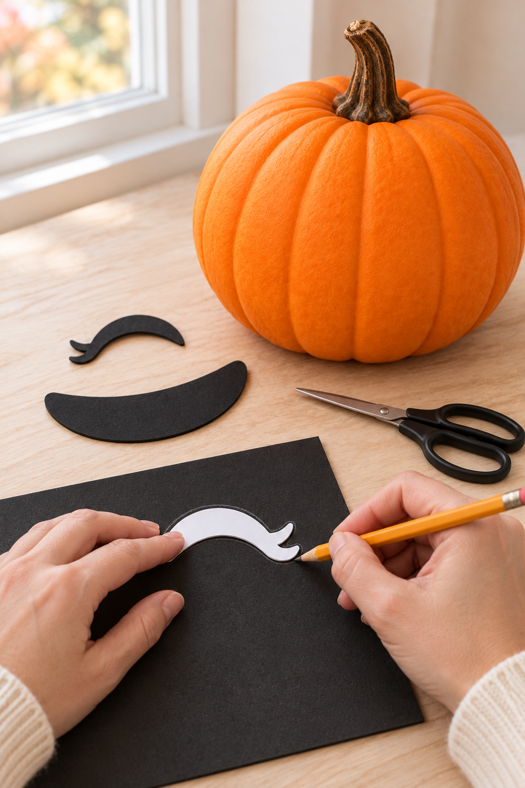 Hands trace a smiling eye pattern onto black foam beside an undecorated orange pumpkin.