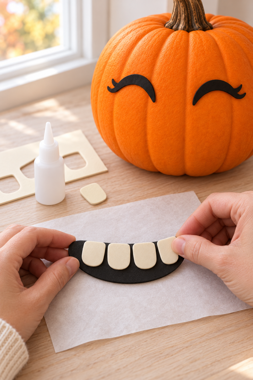Hands attach four rounded ivory foam teeth to a black mouth pad on the craft table.