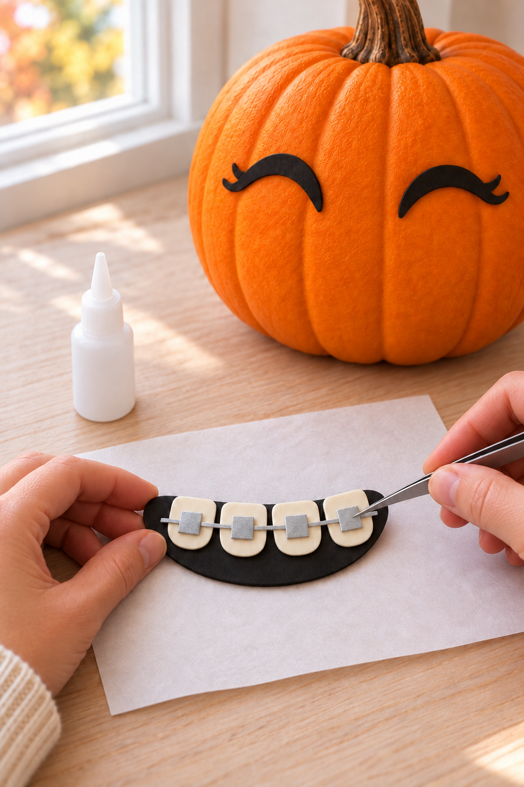 Tweezers press a silver bracket onto foam teeth with a silver strip on a black mouth pad.
