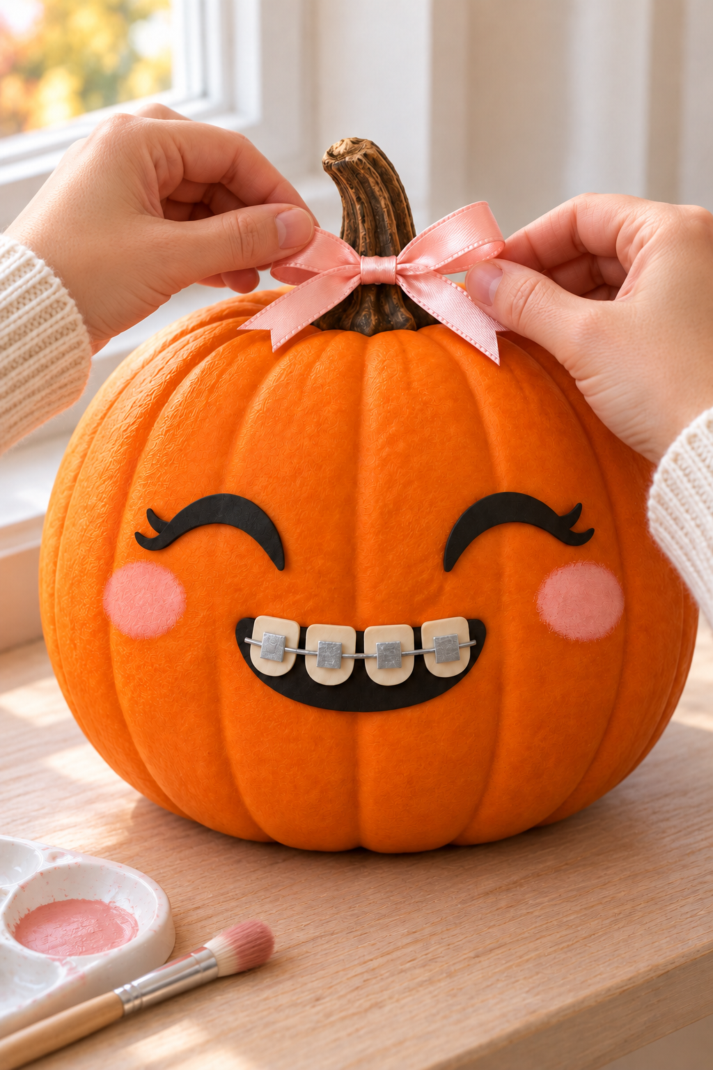 Hands adjust a pink stem bow on an orange pumpkin with braces and painted pink cheeks.