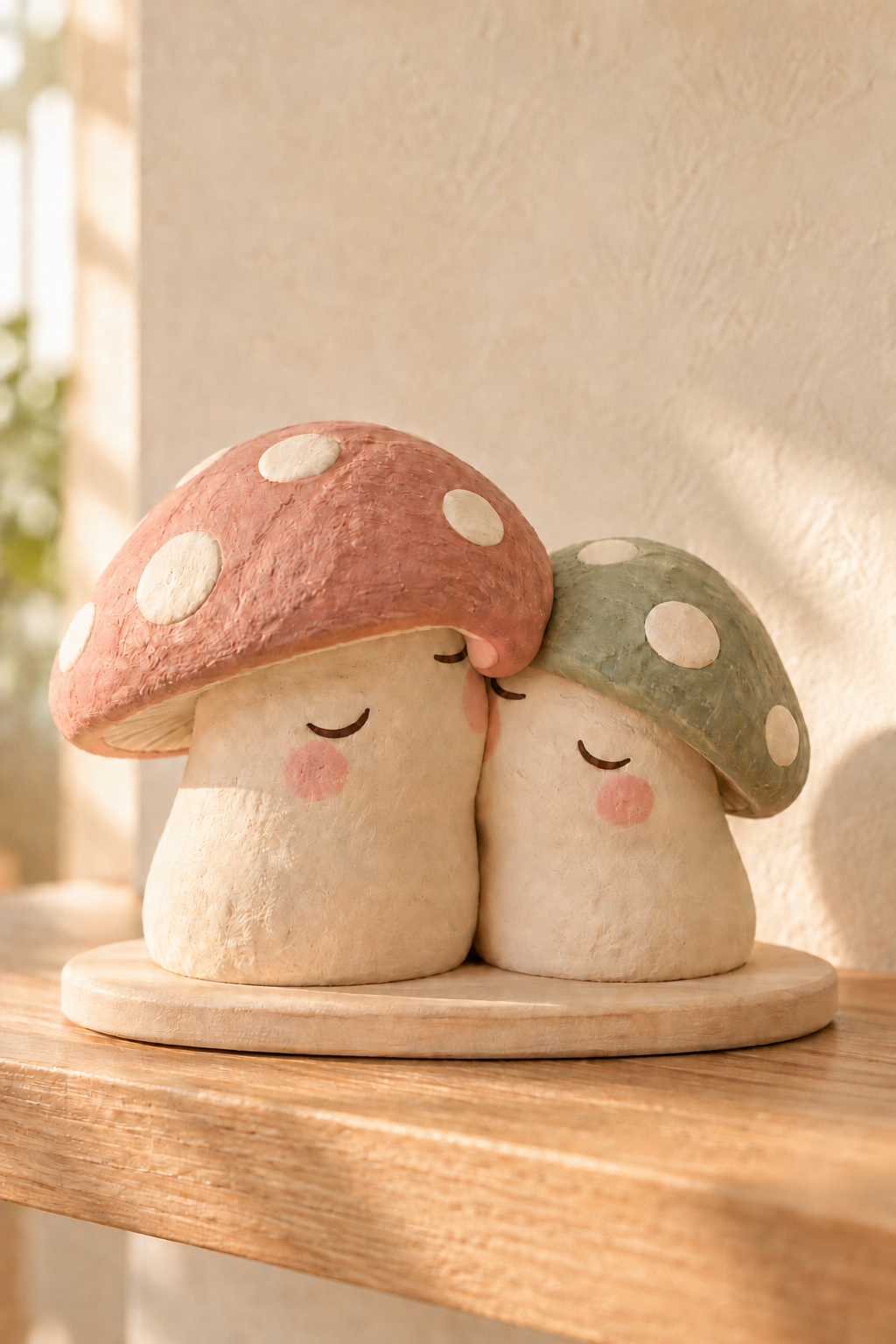 Rose and sage mushrooms with closed eyes lean cheek to cheek on a low oval base.