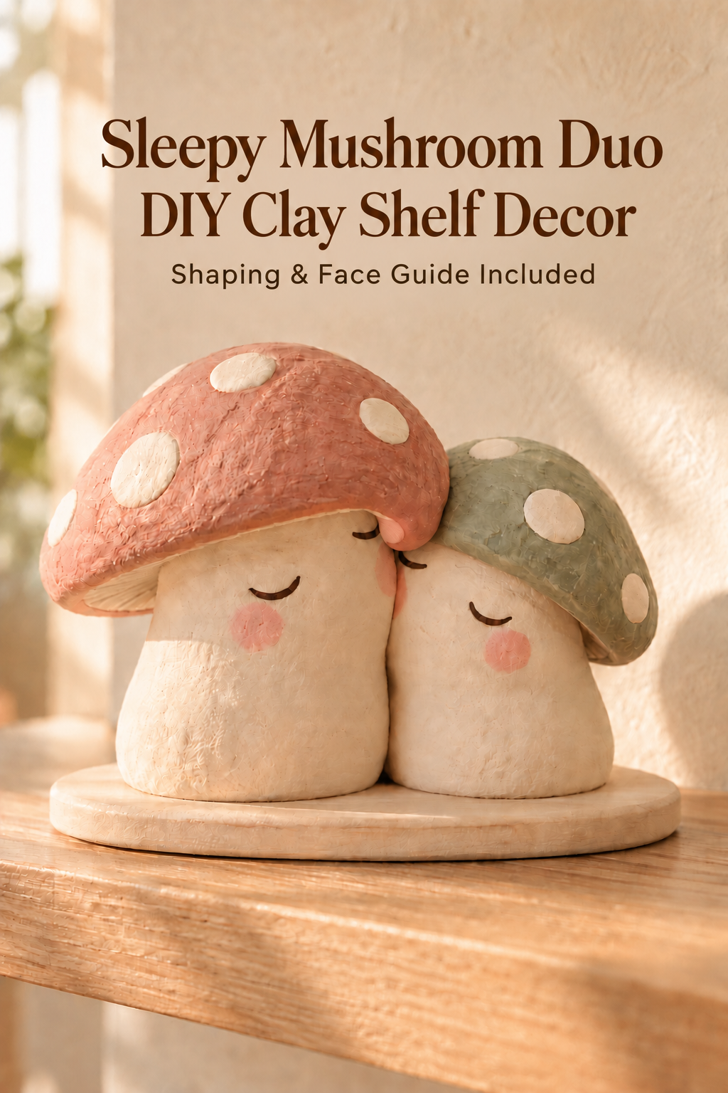 Rose and sage mushrooms with closed eyes lean cheek to cheek on a low oval base.