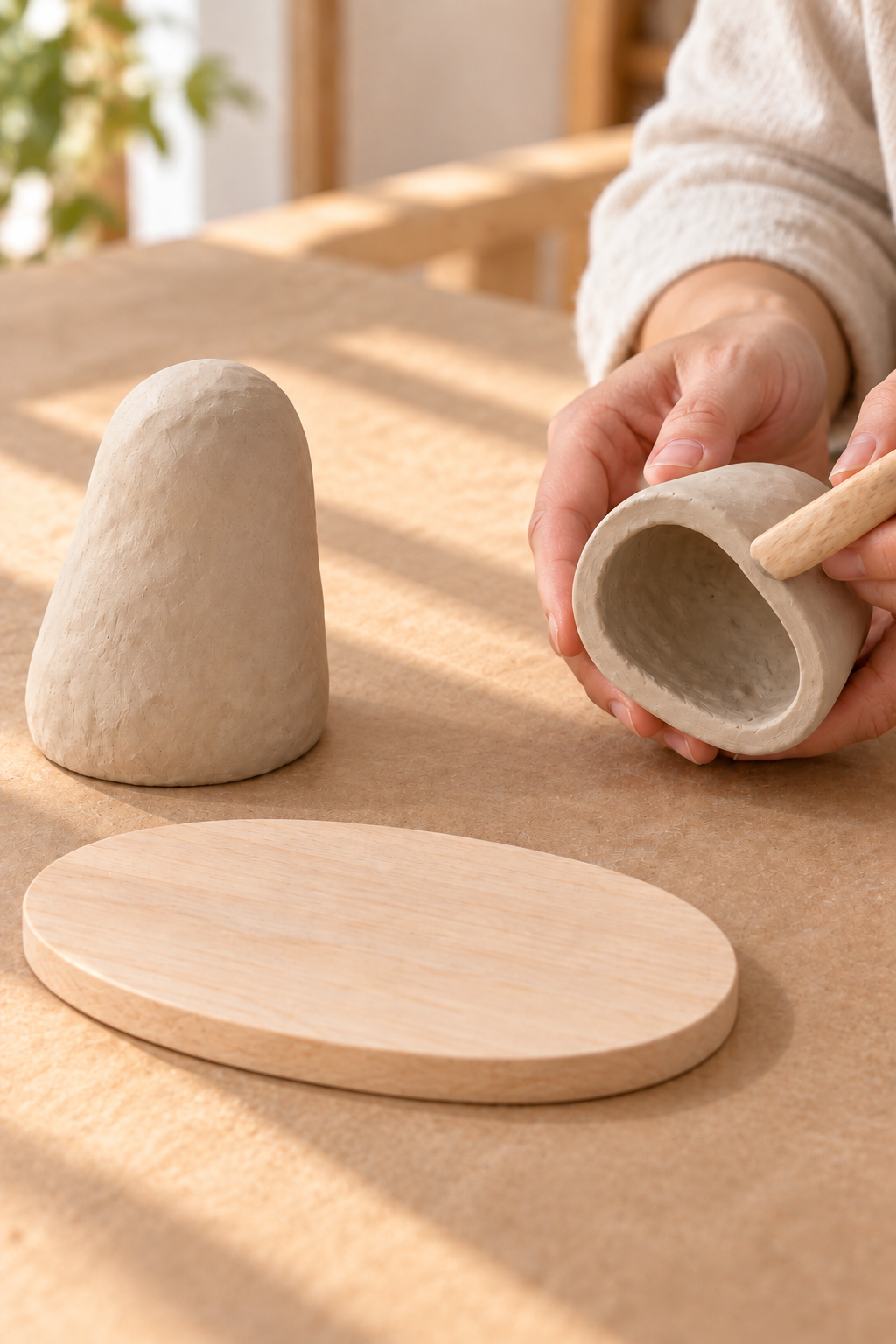 A hand smooths a hollow clay body beside a taller body and an oval wooden base.