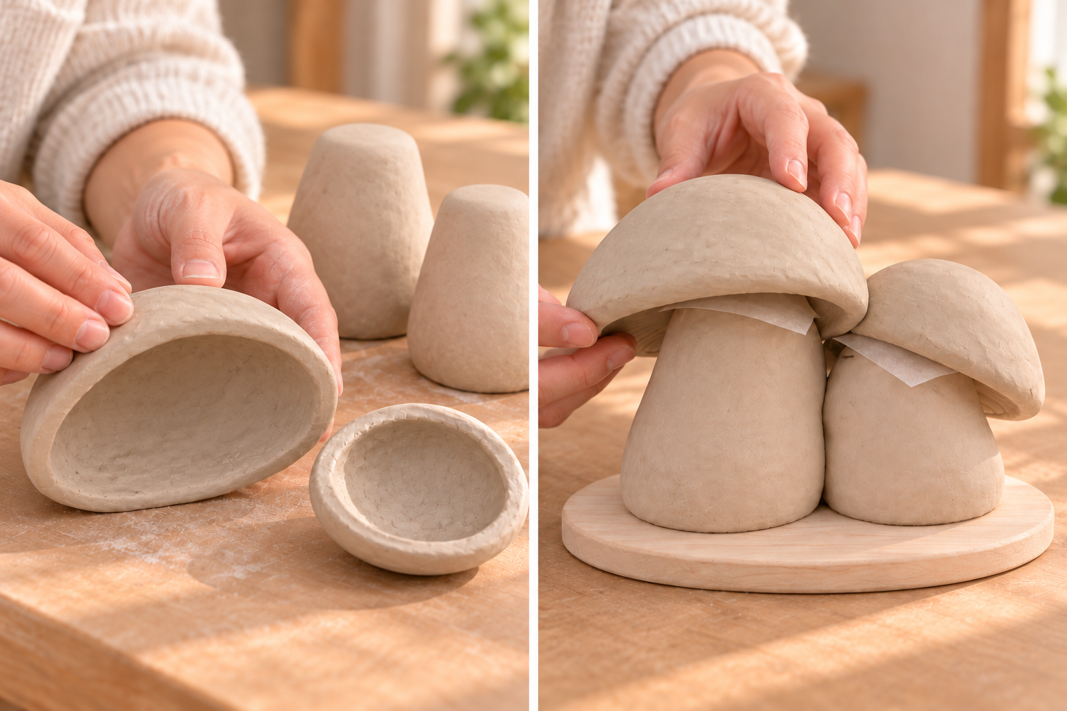 Clay cap shells are shaped, then trial-fitted over two bodies with parchment between.