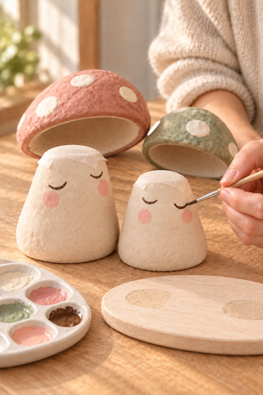A fine brush paints a closed eye on an ivory body beside separate rose and sage caps.