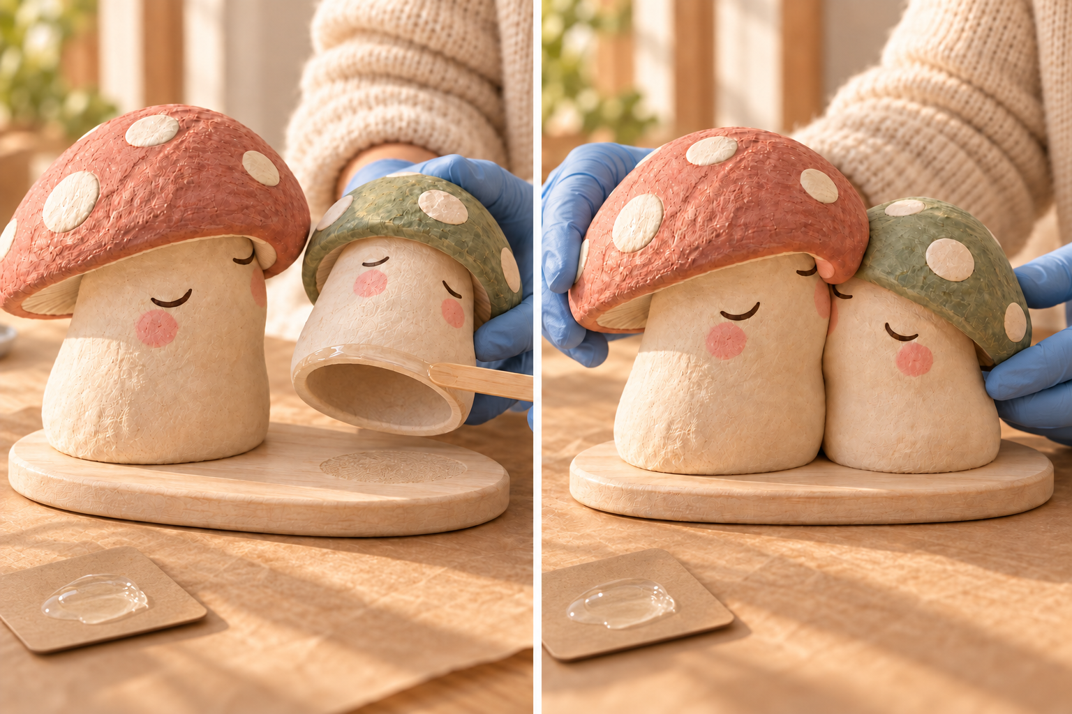 Glue is applied to a hollow bottom rim, then two mushrooms are positioned on their base.