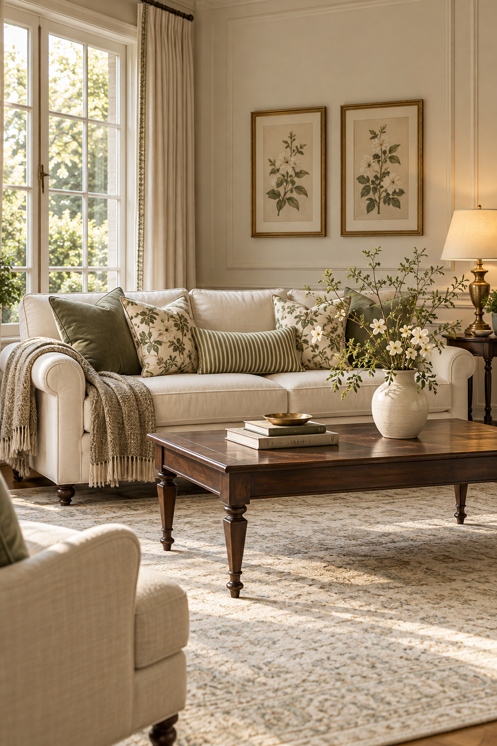 Ivory sofa with sage pillows, a dark coffee table and airy branches in a cream vase.