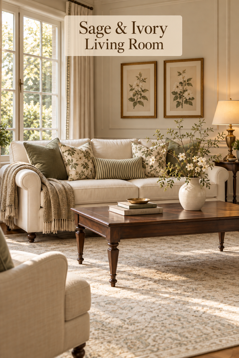 Ivory sofa with sage pillows, a dark coffee table and airy branches in a cream vase.