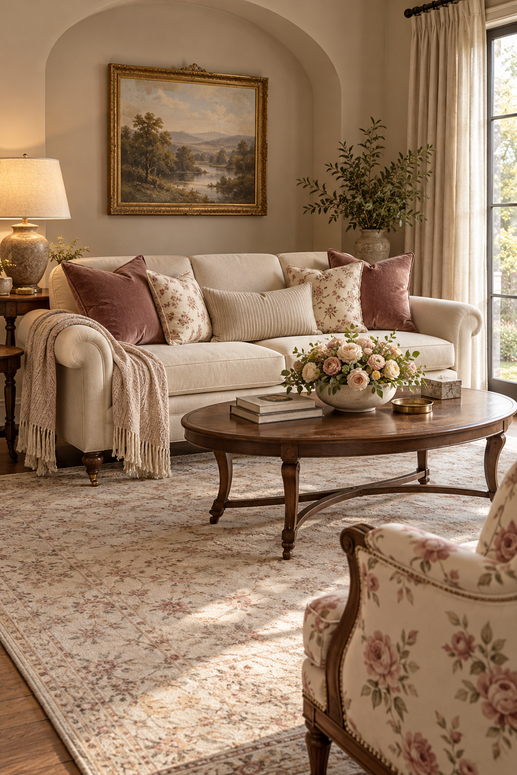 Cream sofa with rose pillows, an oval coffee table, low flowers and a floral armchair.